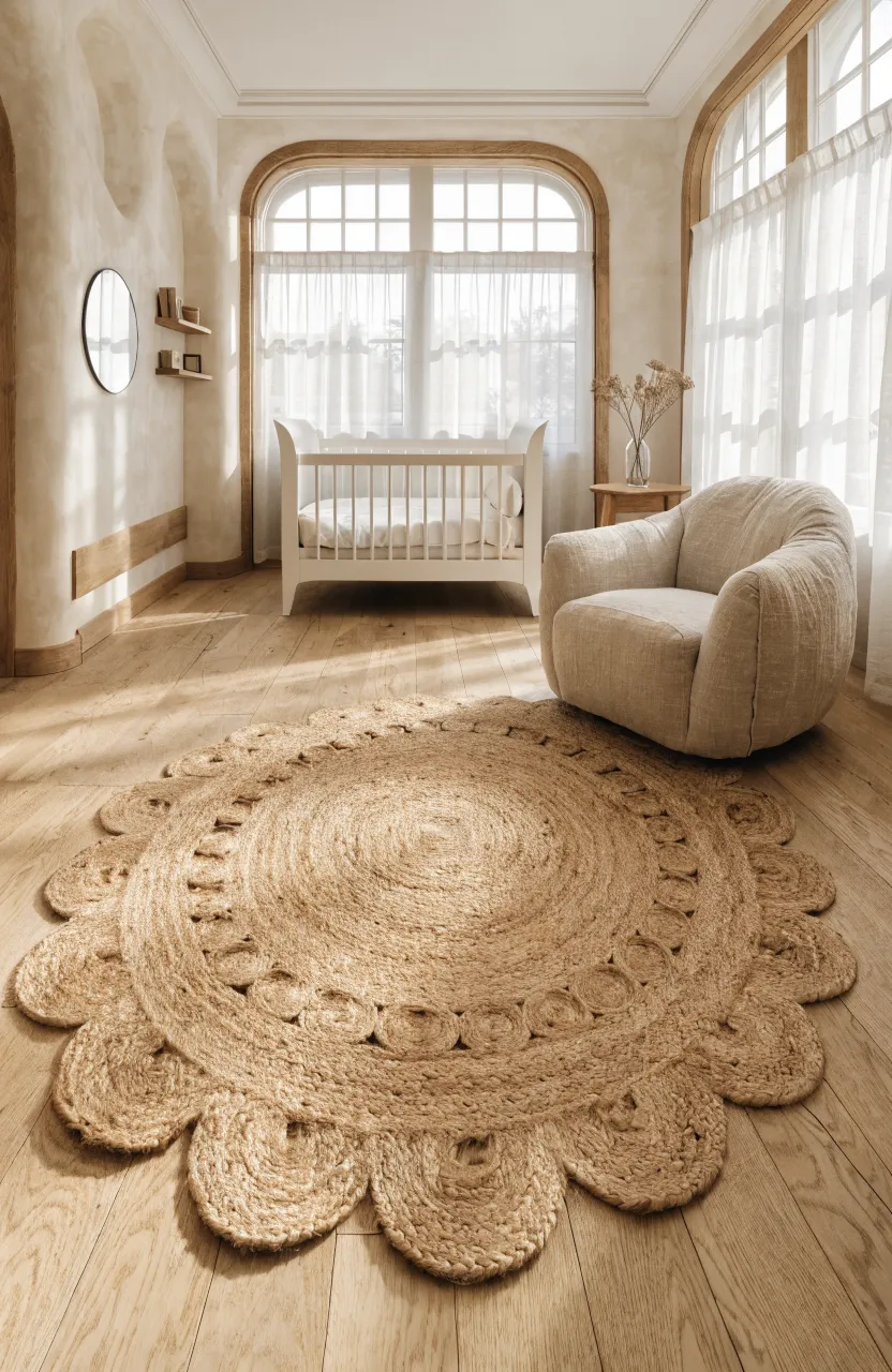 A natural jute rug with scalloped edges on a light wood floor in a bright, modern baby nursery.