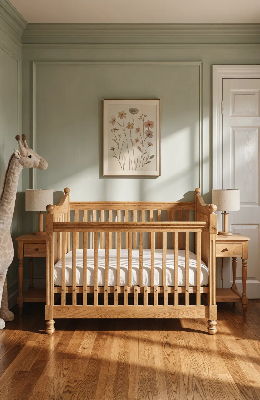 A solid oak convertible baby crib standing against a sage green wall with elegant wood paneling.