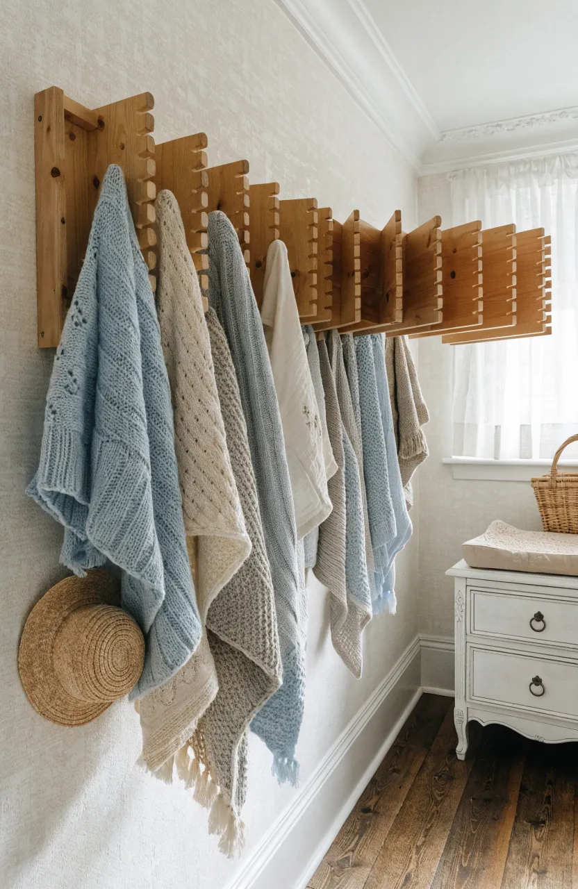 A wooden accordion rack on a nursery wall holding folded knit blankets and a small baby hat.