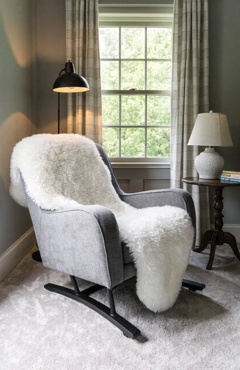 A white sheepskin rug draped over a gray upholstered glider chair in a cozy nursery corner.