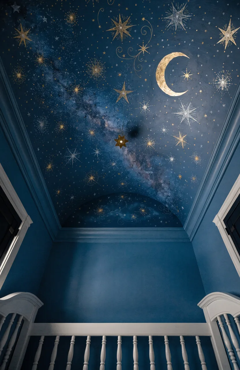 A hand-painted ceiling mural featuring gold stars and a moon over a dark navy blue nursery.