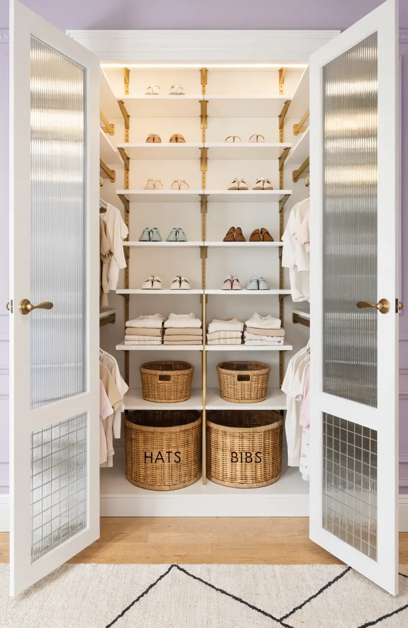 An organized nursery closet with white shelves holding tiny baby shoes and woven storage baskets.