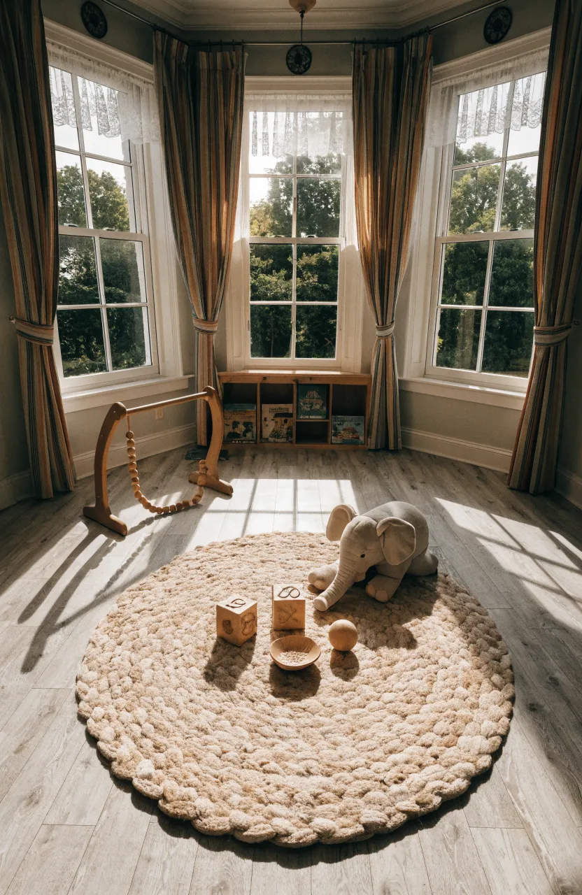 A round braided cotton rug in the center of a nursery with wooden toys and a play gym.