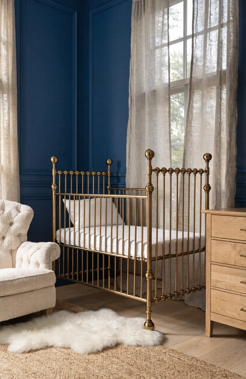 A classic brass metal crib with thin spindles in a modern nursery with navy walls and a cream rug.