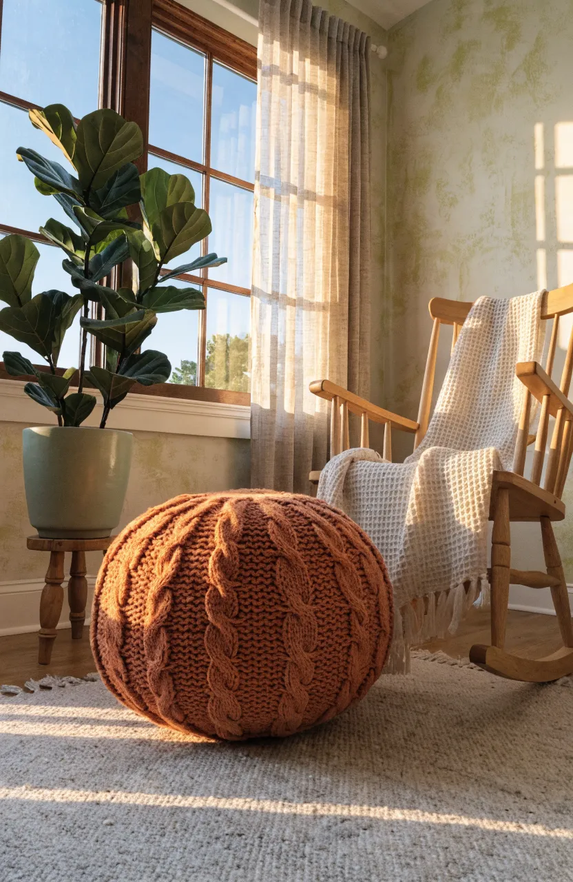 A chunky terracotta knitted pouf sits on a grey rug in a sunlit, cozy nursery corner.