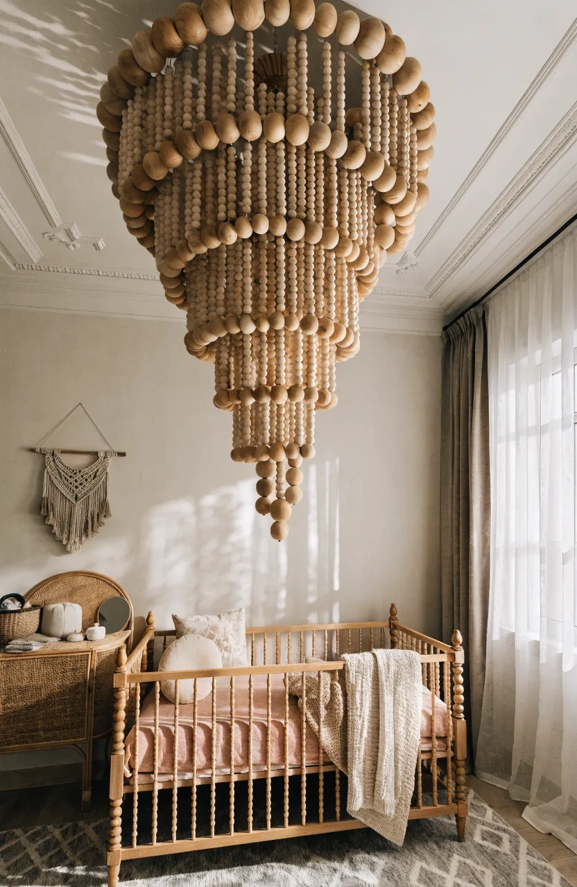 A large wooden bead chandelier hangs in a bright, boho-style nursery with natural wood furniture.