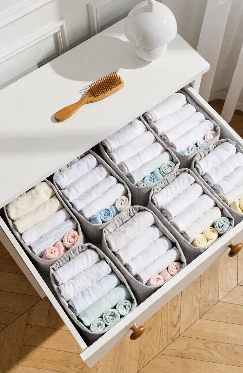 An open white dresser drawer with grey fabric bins neatly holding folded baby clothes.