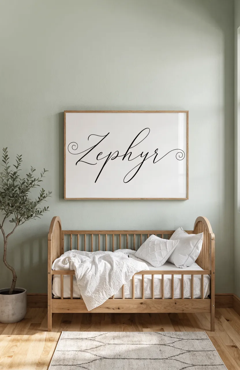 A minimalist framed name sign in script hangs on a sage green wall above a light wood crib.