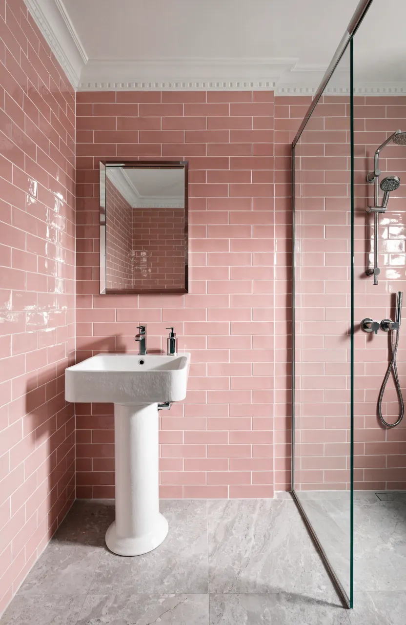 A bright bathroom with blush pink subway tiles and white grout in a brick pattern.