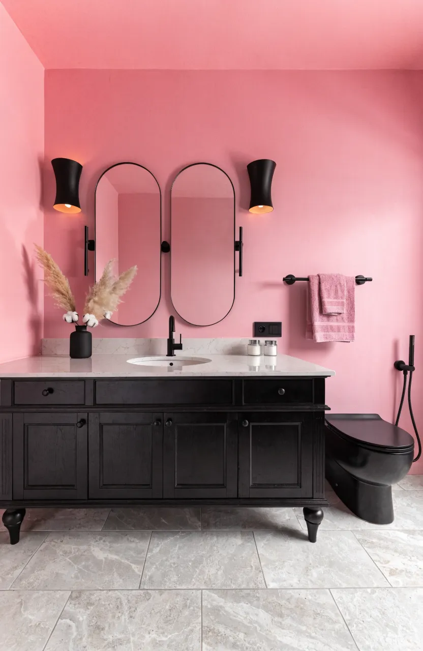 Modern bathroom with matte black faucets and hardware against soft pink walls.