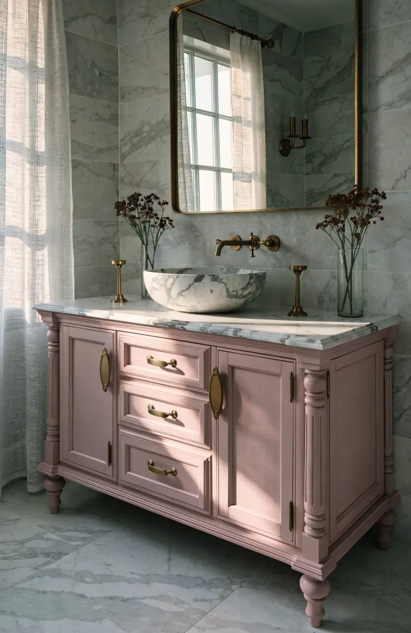 Elegant dusty pink bathroom vanity with a white marble countertop and gray veining.