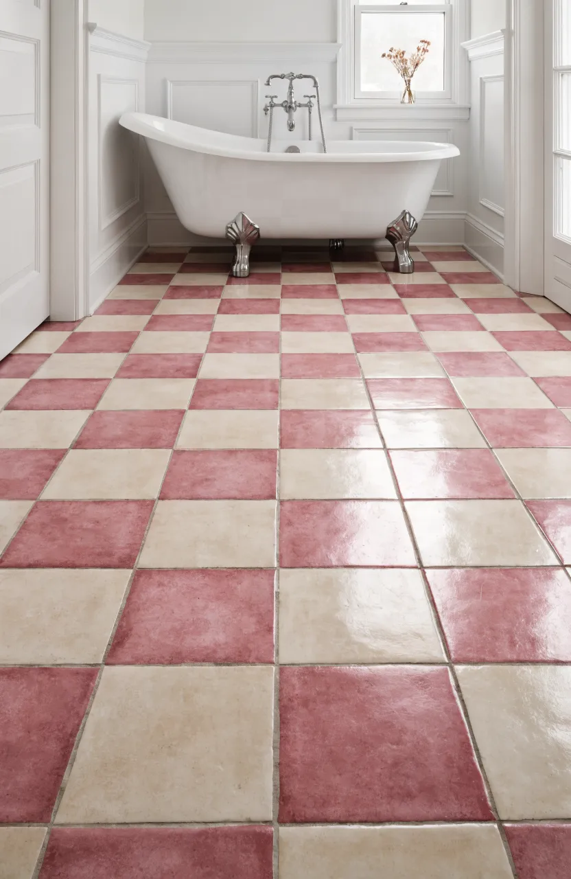 A bathroom floor with a rose pink and cream checkerboard tile pattern.