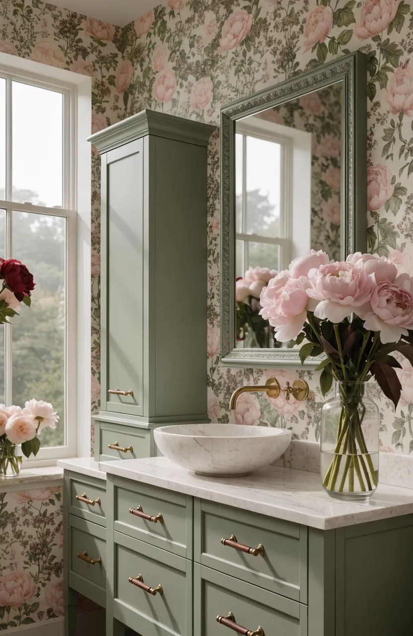 Sage green bathroom cabinets paired with vintage pink floral wallpaper.