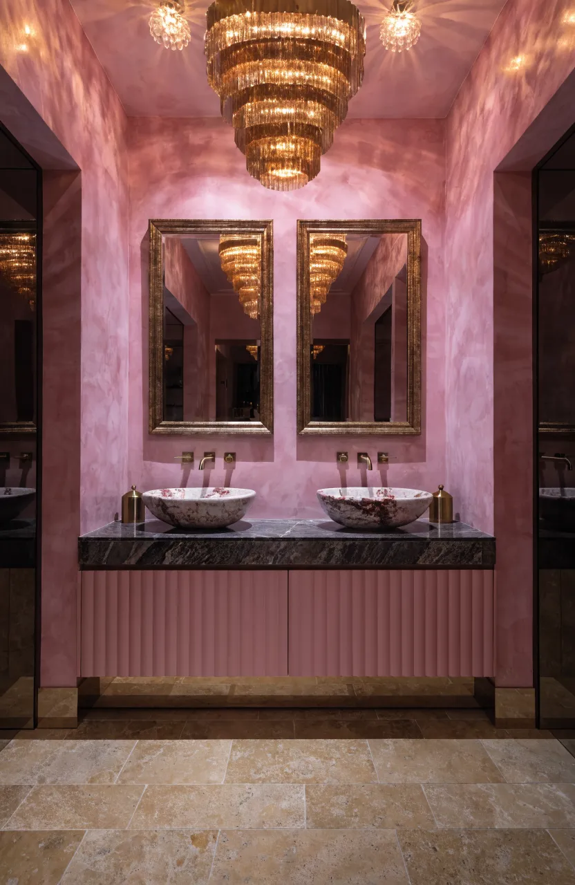 Luxurious pink bathroom with gold-framed mirrors and polished brass faucets.