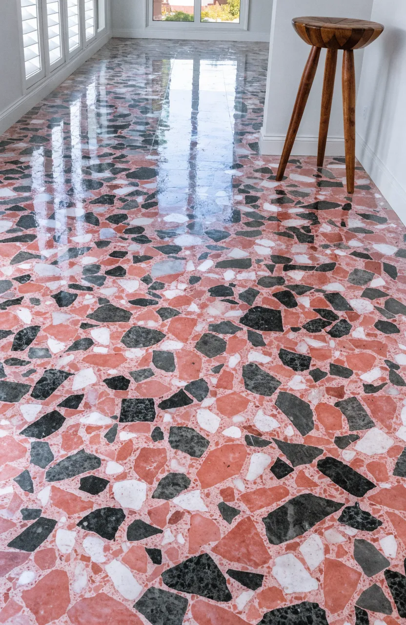 Mid-century modern bathroom with pink and gray terrazzo stone flooring.