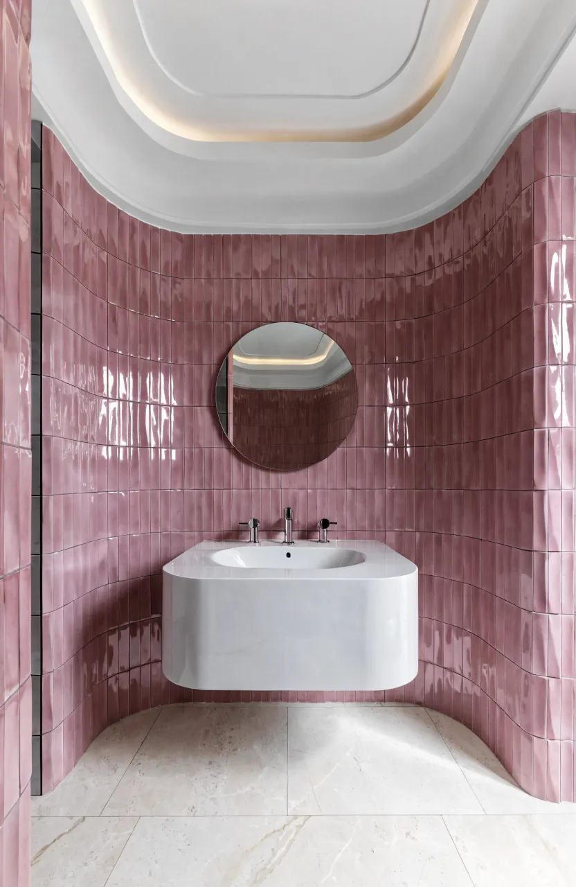 Modern bathroom with vertical pink finger tiles on a feature wall behind a white vanity.