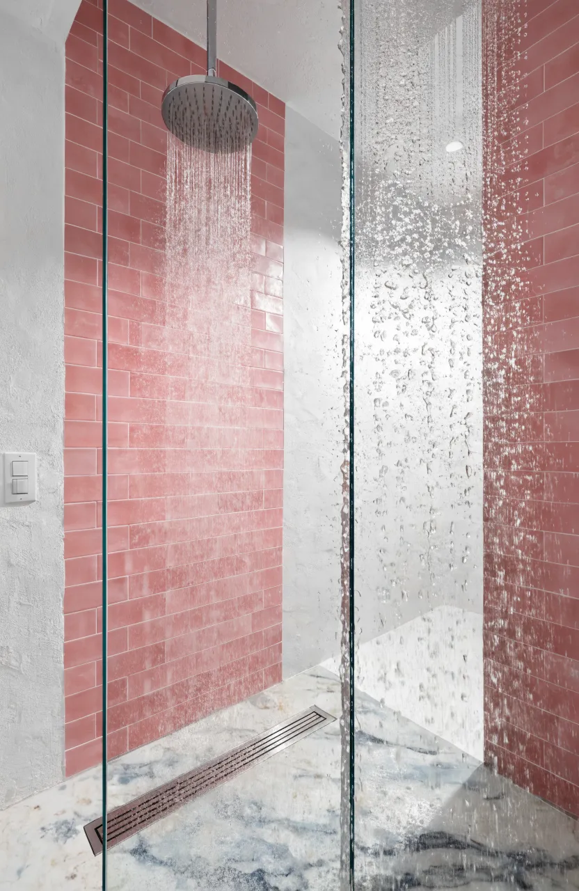 A clear glass shower showing a vibrant pink tiled back wall in a bright modern bathroom.