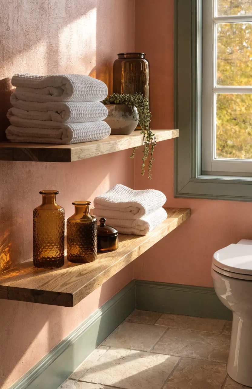 Natural wood floating shelves with towels and plants on a soft muted pink bathroom wall.