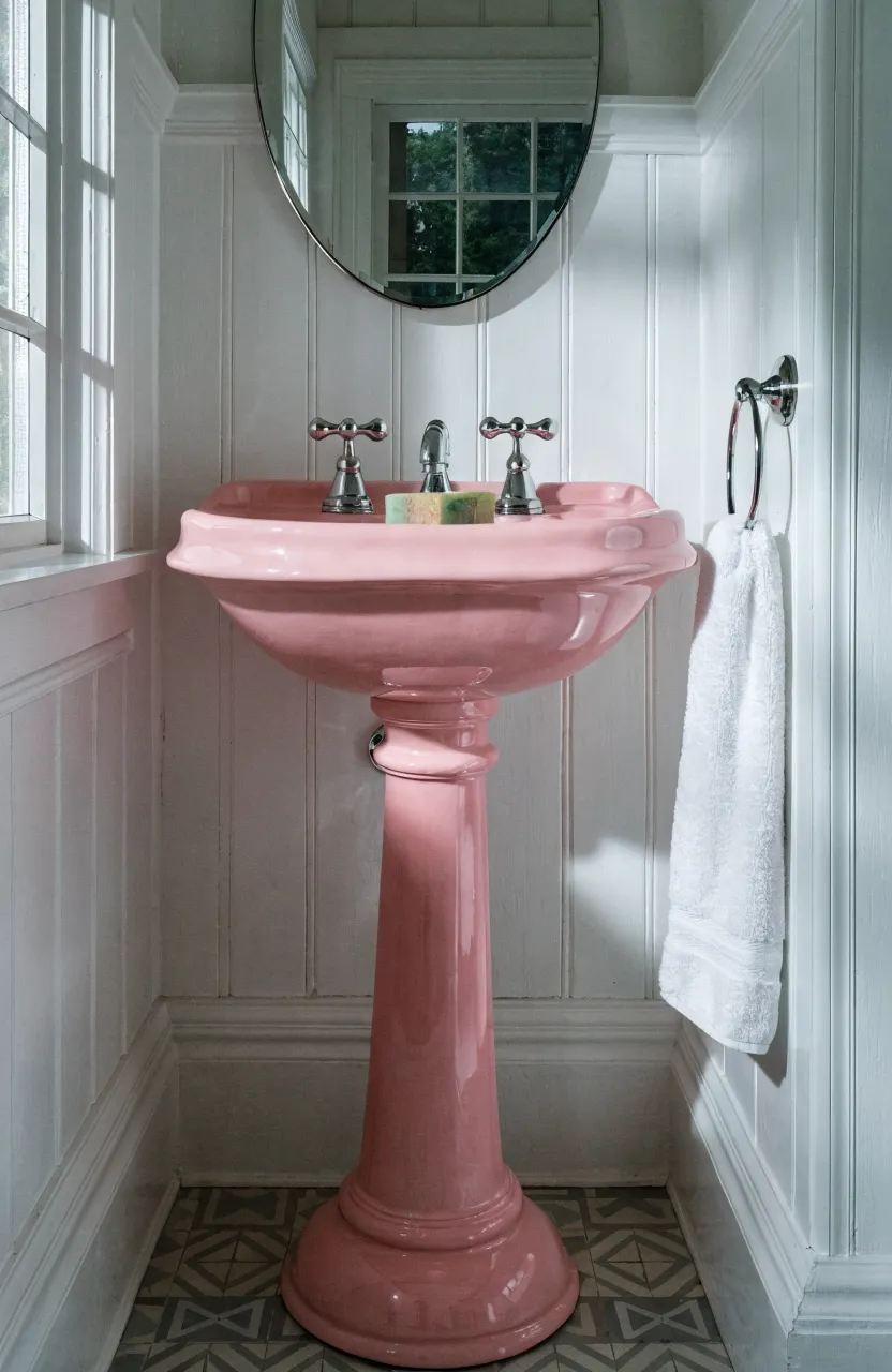 A vintage soft pink pedestal sink with chrome faucets against white wood paneled walls.