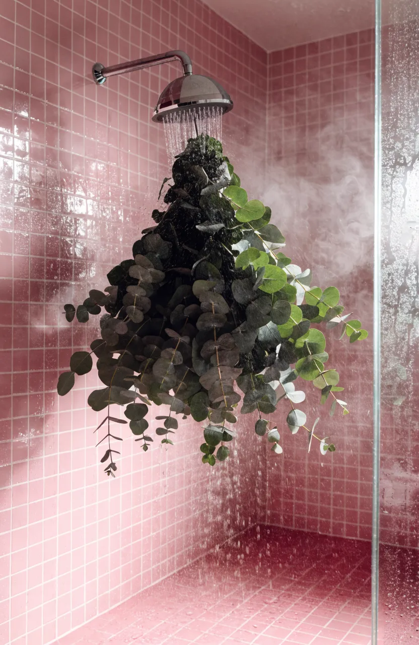 Fresh green eucalyptus hanging in a shower with glossy pink tiles and soft steam.