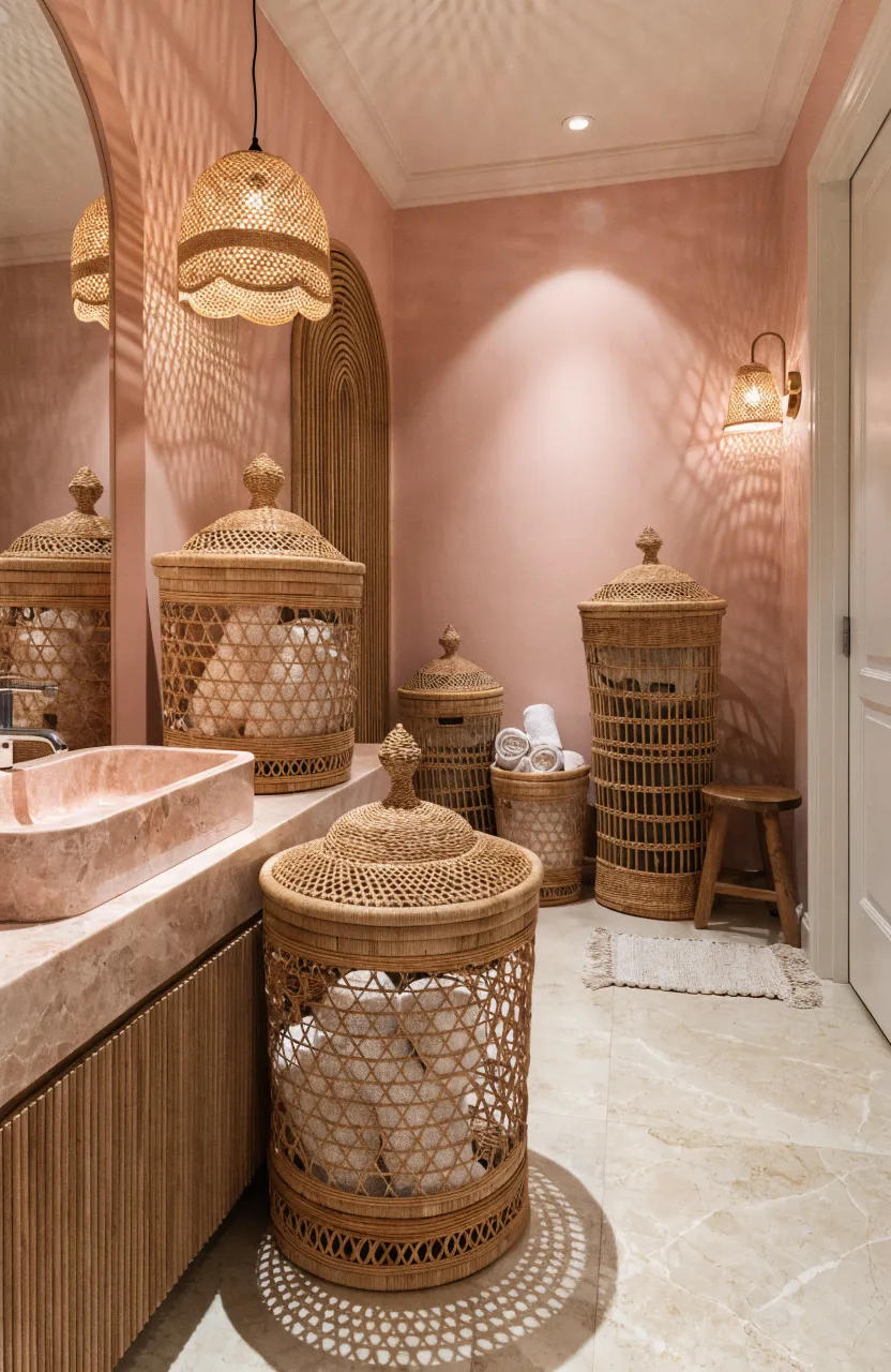 Natural woven rattan baskets used for storage in a soft blush pink bathroom.