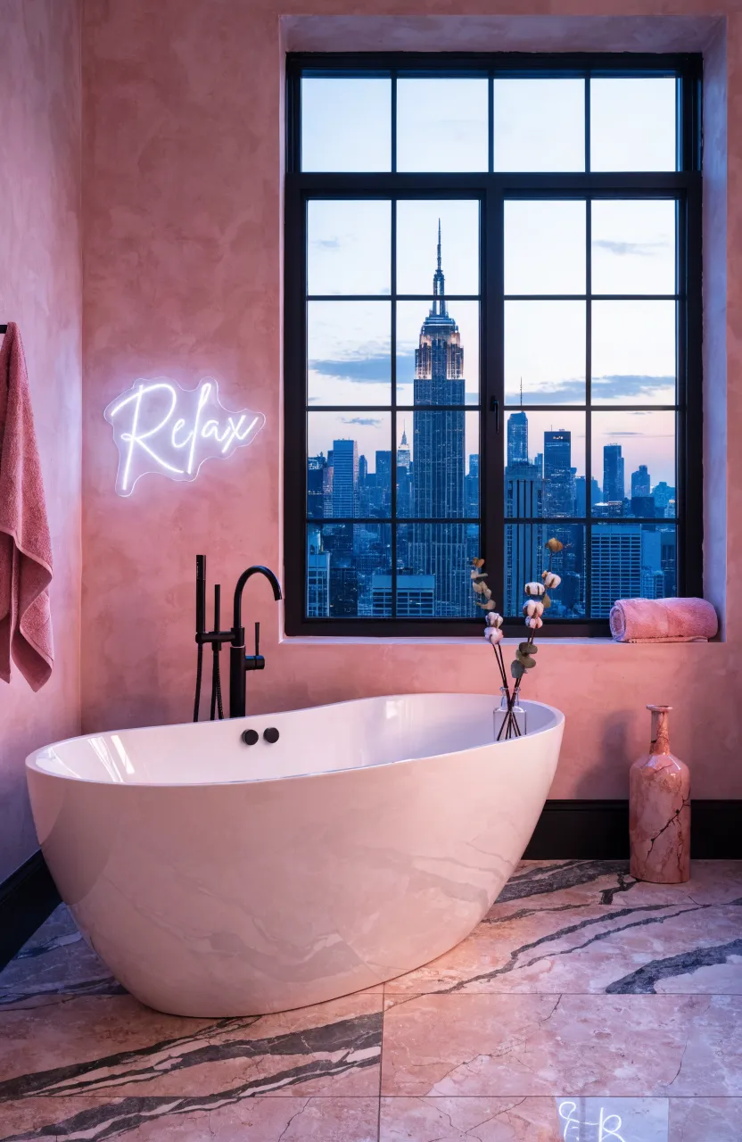 A modern pink bathroom with a glowing white 'Relax' neon sign on a matte blush wall.