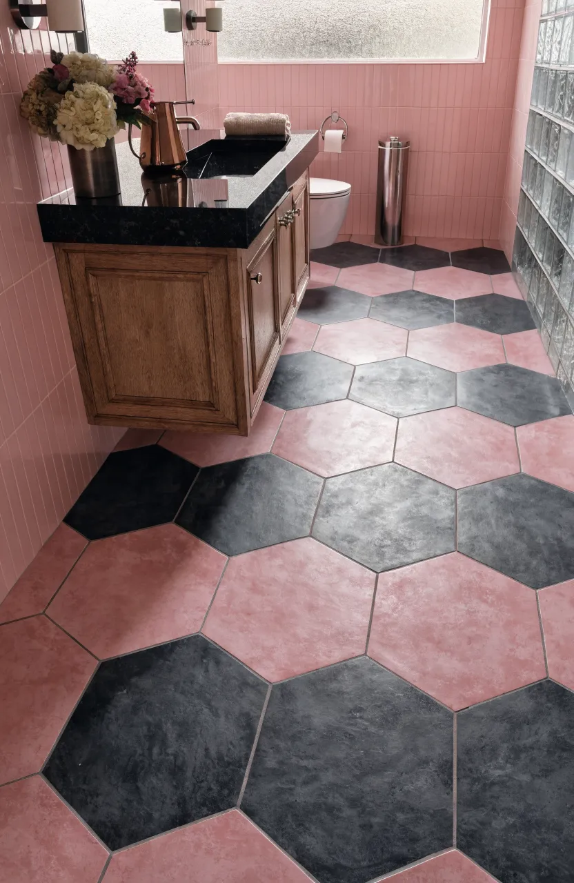 Geometric hexagon floor tiles in pale pink and charcoal gray in a modern bathroom.