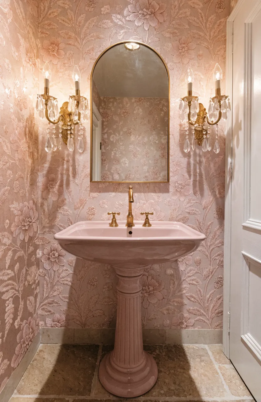 An arched gold-framed mirror above a dusty pink pedestal sink in a romantic bathroom.