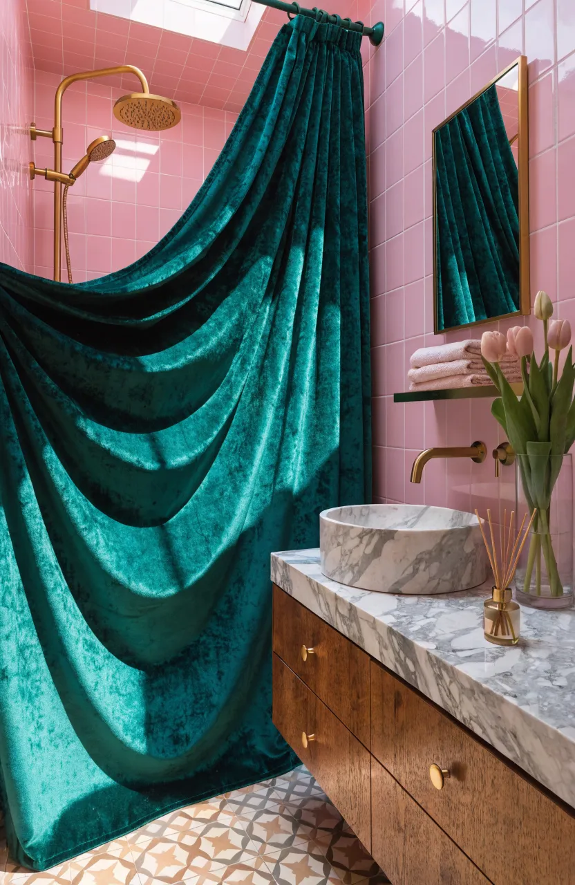 A bold emerald green shower curtain contrasting against soft pink tiled bathroom walls.