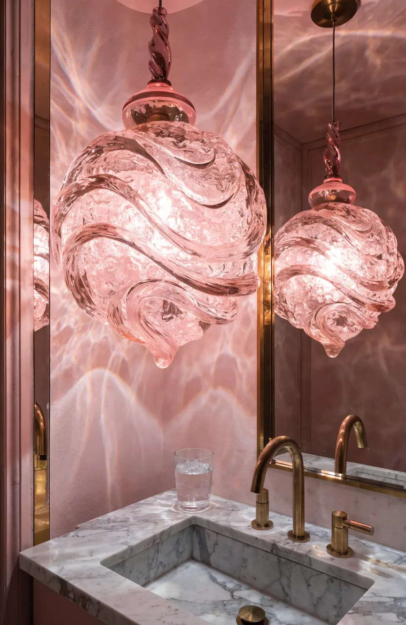 Pink glass globe pendant lights hanging over a marble vanity in a pink bathroom.