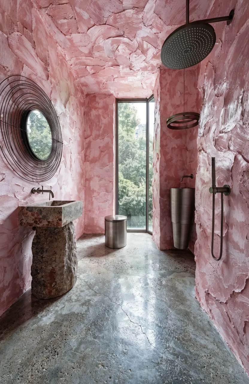 Industrial bathroom with polished gray concrete floors and textured pink plaster walls.