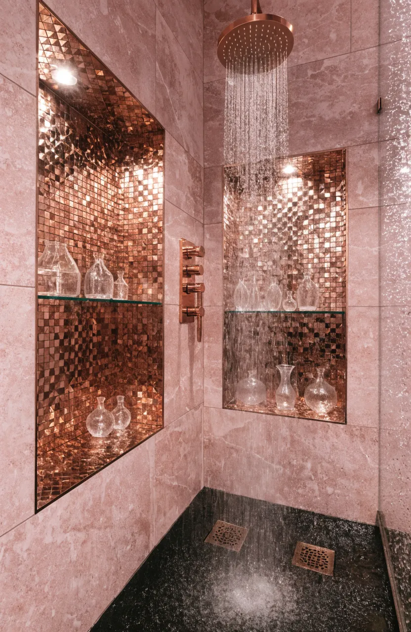 Rose gold mosaic tiled wall niches in a dusty pink tiled luxury shower.
