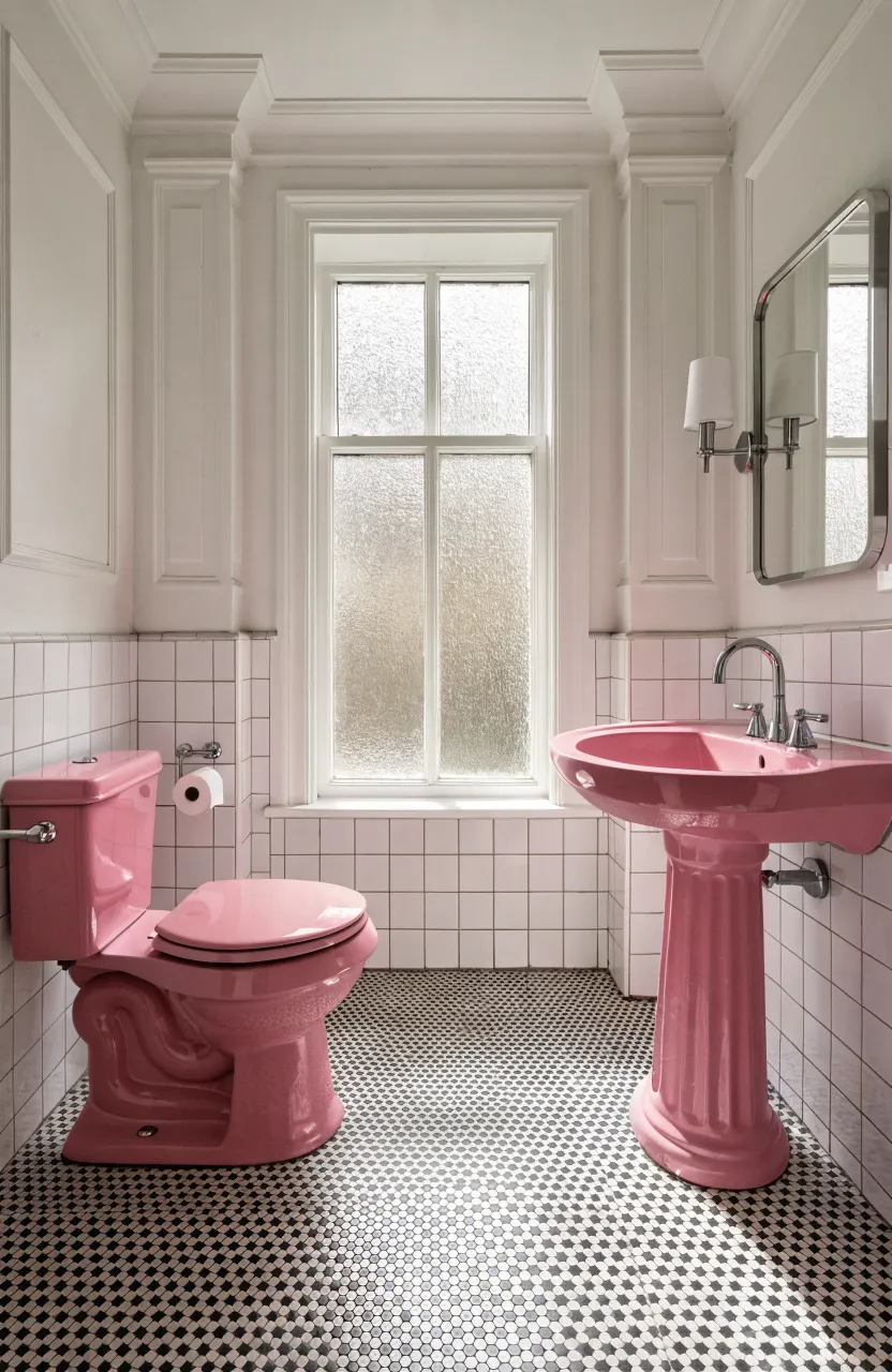 A retro bathroom with a matching vintage pink toilet and pedestal sink against white tiled walls.