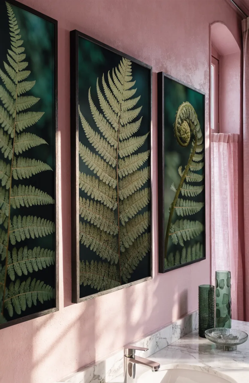 Framed green botanical leaf prints hanging on a soft pastel pink bathroom wall.