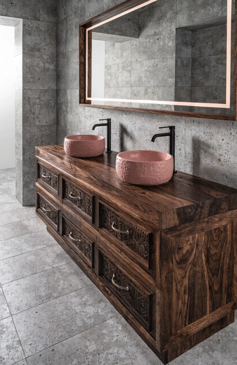 A dark walnut wood double vanity with two modern pink ceramic vessel sinks and black faucets.