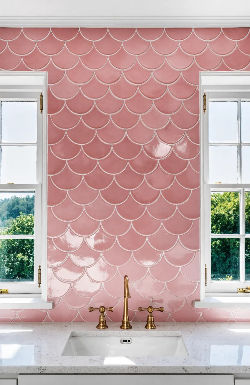 A bathroom wall covered in glossy pink scalloped fish-scale tiles behind a white vanity.