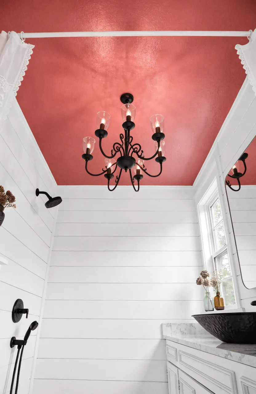 A bright bathroom with white shiplap walls and a bold rose-pink painted ceiling.