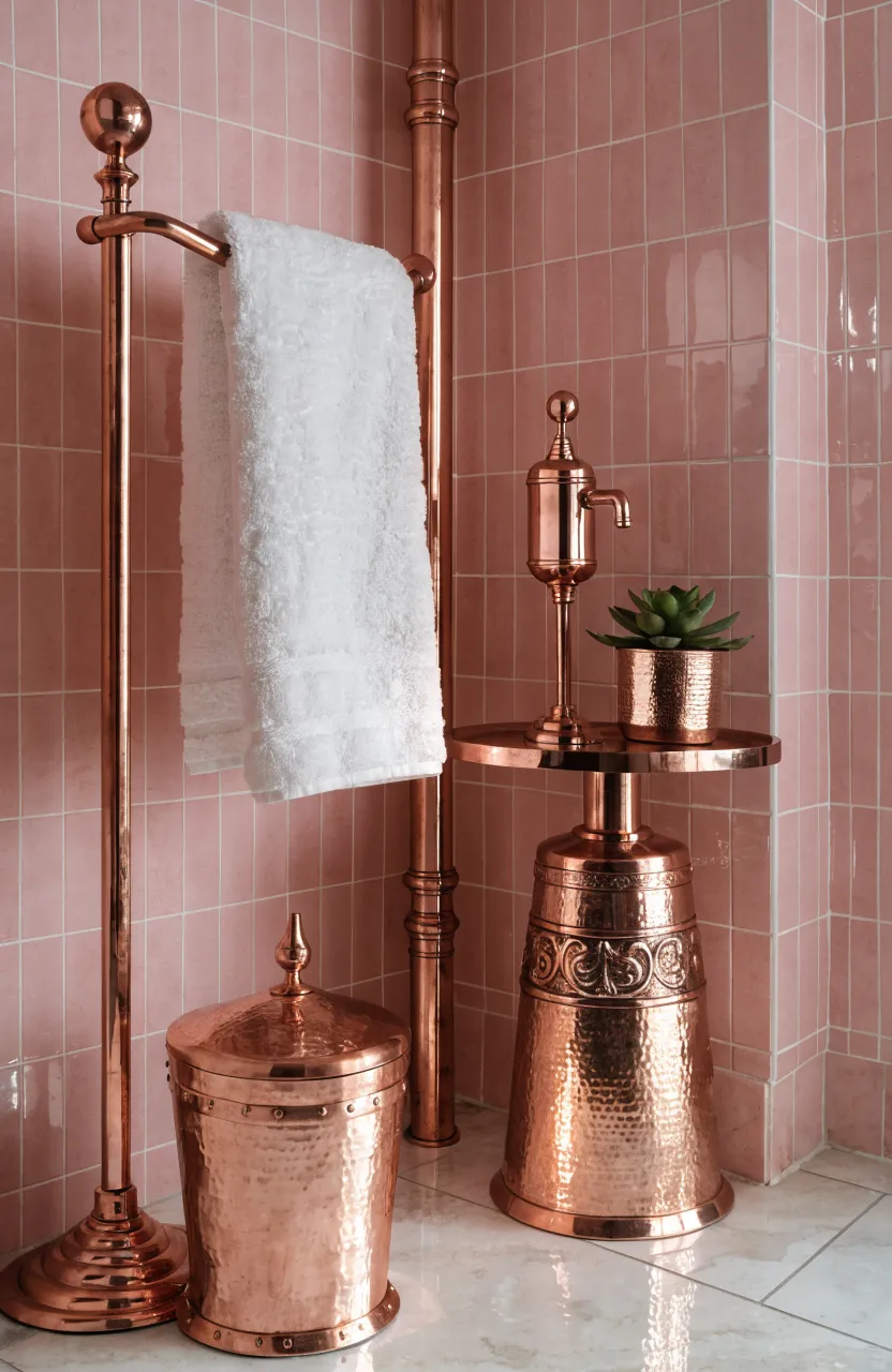 Polished copper towel racks and soap dispensers in a blush pink tiled bathroom.