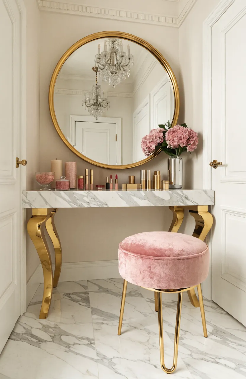 A plush pink velvet stool with gold legs tucked under a white marble bathroom vanity.