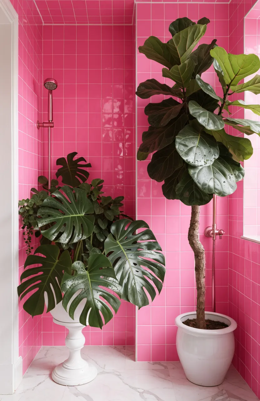 Large green Monstera and Fiddle Leaf Fig plants in a pink tiled bathroom corner.