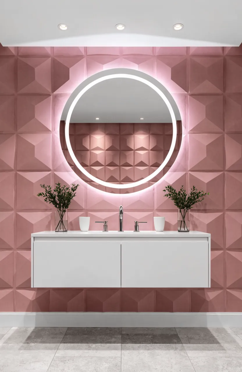 A glowing round LED mirror on a 3D textured pink bathroom wall above a white vanity.