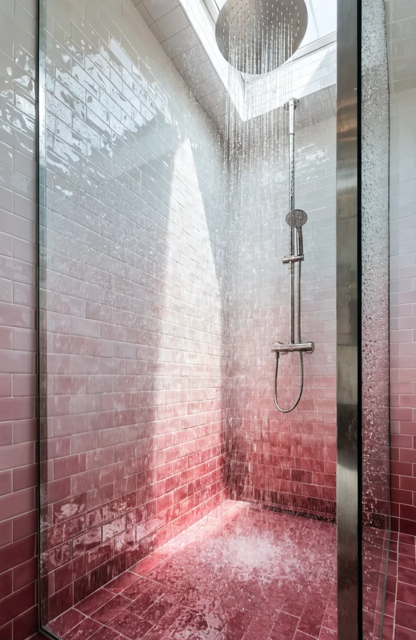A shower with tiles fading from dark rose at the bottom to pale blush at the top.