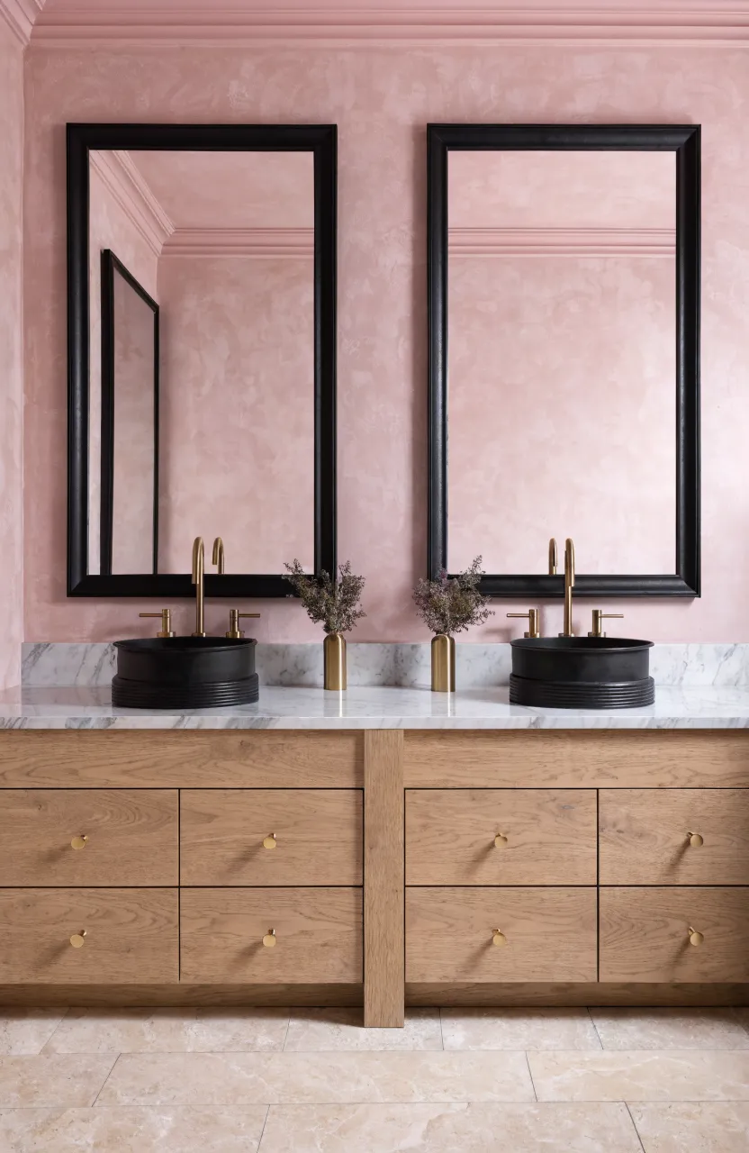 Thick black rectangular mirror frames contrasting against soft blush pink bathroom walls.