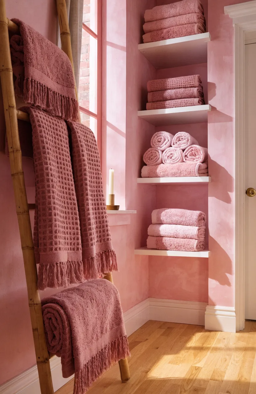 Plush dusty rose Turkish cotton towels neatly arranged on a wooden ladder in a pink bathroom.