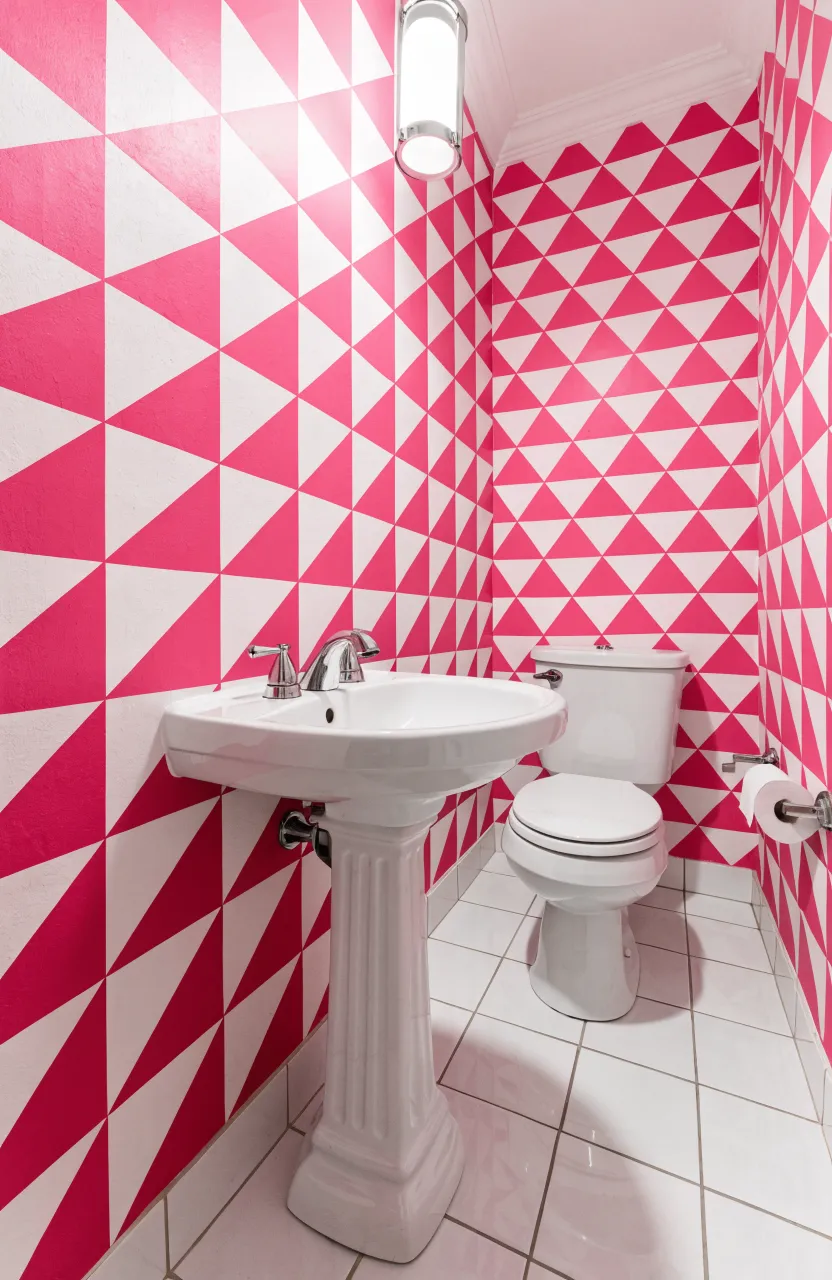 A small bathroom decorated with a modern pink and white geometric patterned wallpaper.