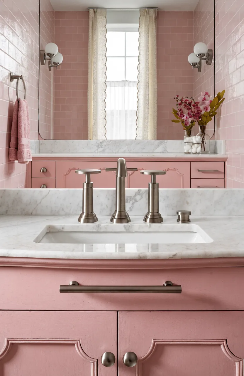 Elegant brushed nickel faucets and hardware in a bathroom with soft pink tiles.