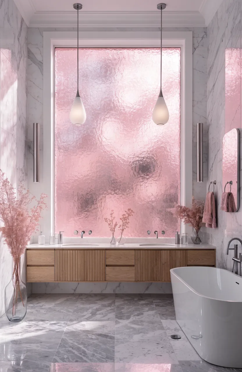 A modern white marble bathroom bathed in soft pink light from a frosted tinted window film.