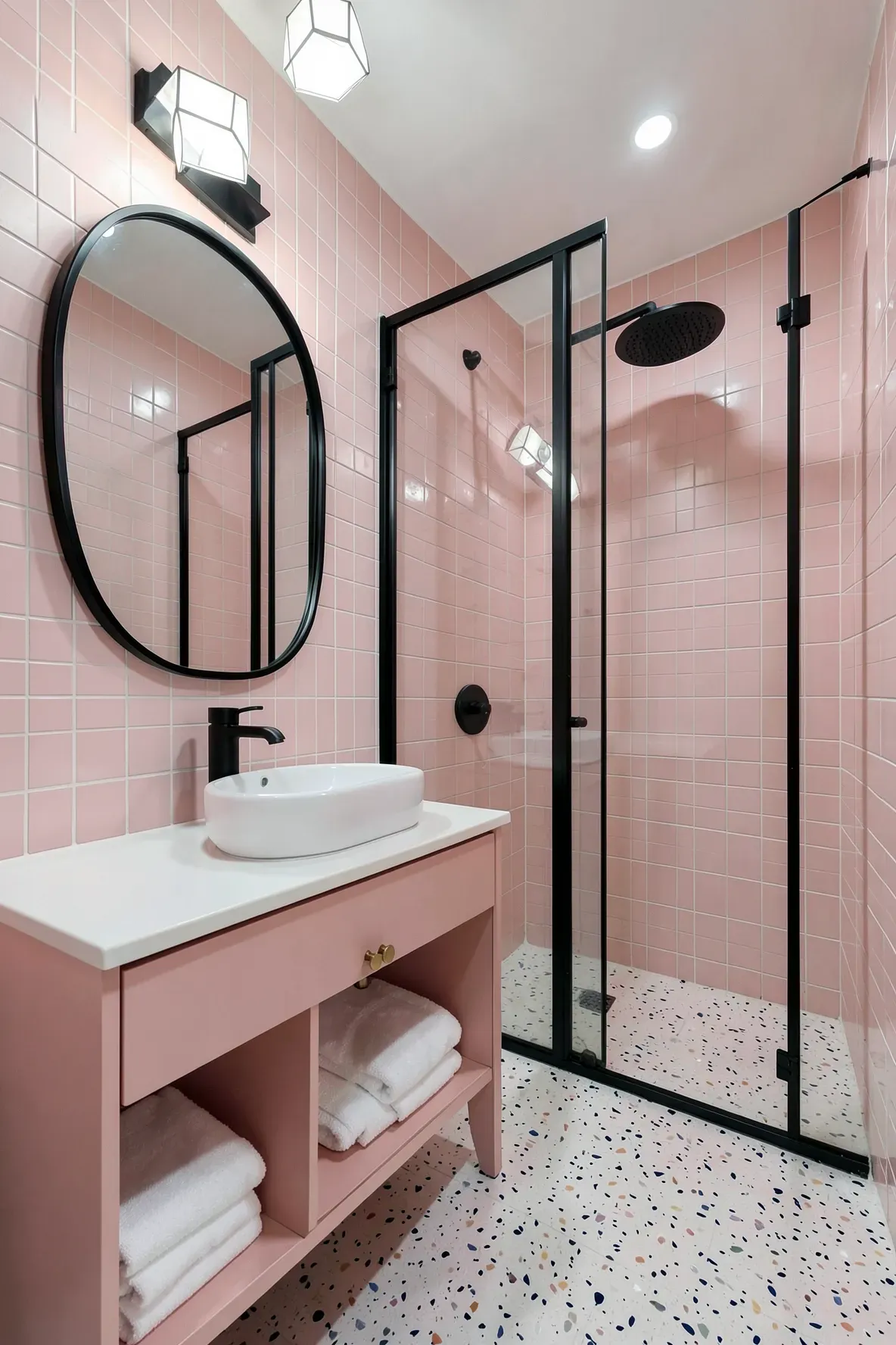 A compact modern bathroom with light pink grid tile walls, a blush-pink vanity, a rounded black-framed mirror, and a sleek black-framed glass walk-in shower with geometric ceiling lights overhead.