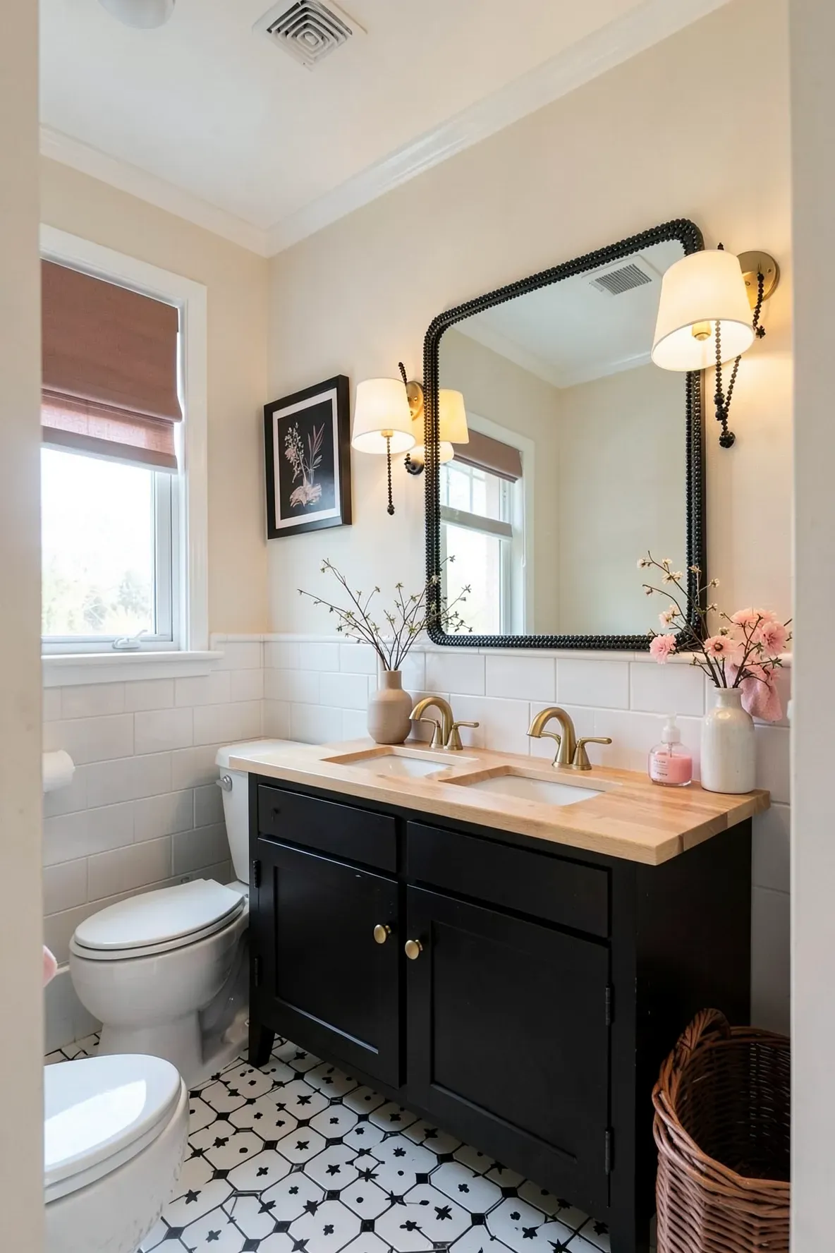 A cozy upscale bathroom with a black vanity, warm gold faucets and knobs, a bold black beaded mirror frame, a visible window with shade, and blush-pink towel and soap details near the double-sink area.
