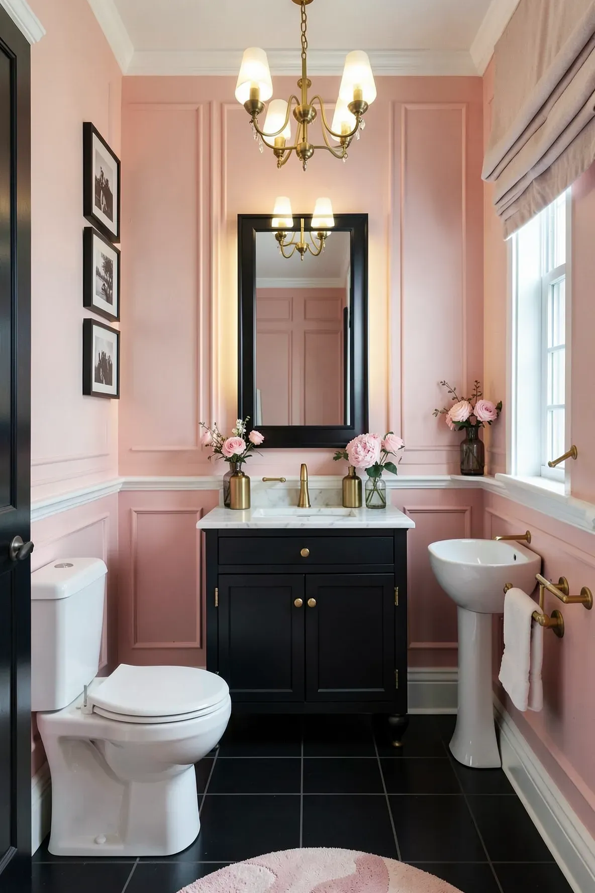 An intimate powder room with blush-pink paneled walls, a dark navy-black vanity with gold hardware, a thick-framed mirror, a chandelier, framed wall art, a white toilet in the foreground, and soft pink floral styling.
